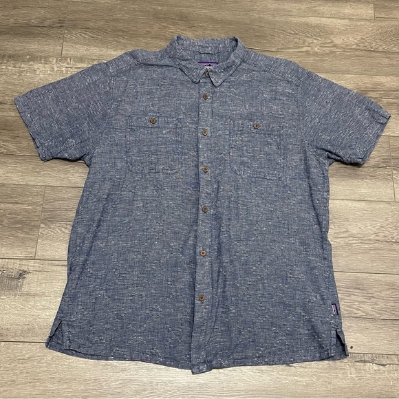 Patagonia Men Back Step Short Sleeve Shirt Hemp Cotton Button Up Blue Sx XL - Picture 2 of 9